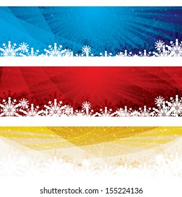 Abstract winter 3 color snowflakes banner background blue red gold