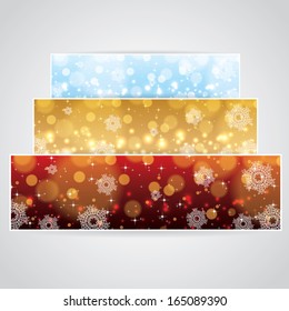 Abstract winter 3 color snowflakes banner background blue red gold