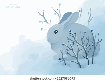 abstract winter artwork with babby rabbit, seni watercolor artwork