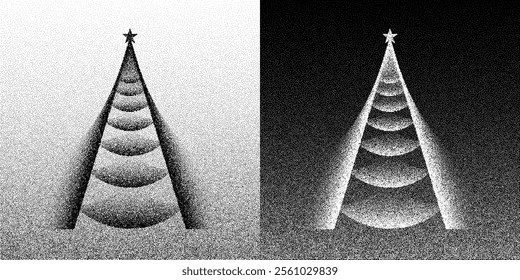 Abstract winter background with dotted christmas tree. Stipple dots christmas holiday background. Black shapes on a white background and the same white shapes on the black side.