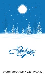 Abstract winter background with winter fir forest and text Happy Holidays