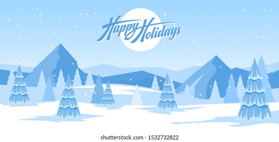 Abstract winter background with winter fir forest and text Happy Holidays