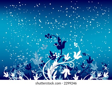 Abstract winter background with flakes and flowers in blue color