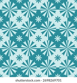 Abstract winter background with geometric snowflake shapes. Teal geometric snowflake seamless pattern for winter design. Modern abstract pattern inspired by frozen snowflake motifs