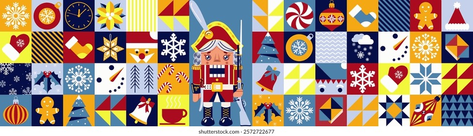 Abstract winter background with nutcracker. A large collection of Christmas holidays. Happy New Year and Christmas! Mosaic bauhaus style.