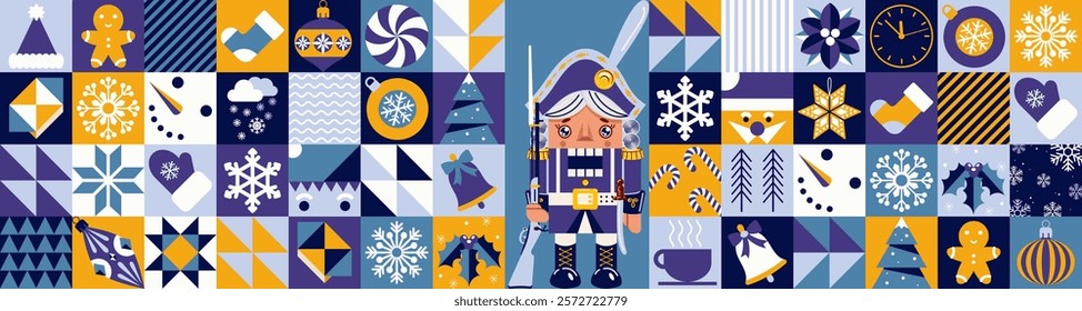 Abstract winter background with nutcracker. A large collection of Christmas holidays. Happy New Year and Christmas! Mosaic bauhaus style.