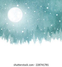Abstract winter background with rows of fir trees, full moon and snowfall. Peaceful winter landscape in shades of blue, green. copy space.