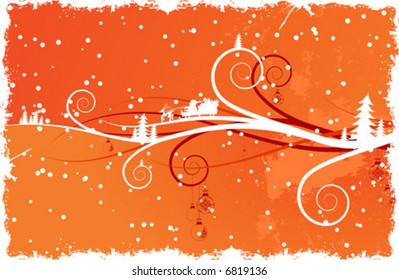 Abstract winter background with Santa Christmas tree scrolls and snow