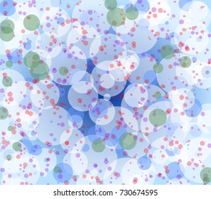 Abstract winter background with semitransparent white circles on dark blue background, uneven distributed green and red dots. Vector EPS 10