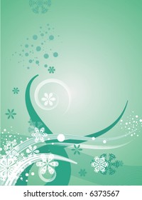 Resumen de series de fondo invernal con copos de nieve y olas, ilustración vectorial en colores verde y blanco.