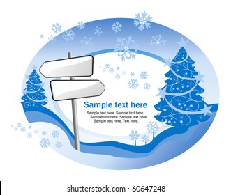 abstract winter background with signpost and christmas tree