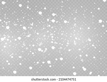 Abstract winter background from snowflakes blown by the wind. Snowflake falling Christmas decorations. Heavy snowfall in various shapes and forms. White dust light snow. Vector illustration.