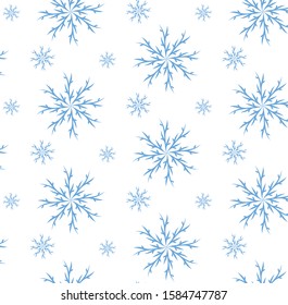 Abstract winter background. Snowflakes on gray background. Falling snow. Seamless vector illustration. Winter motifs for wrapping paper. Beautiful ornament.
