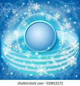 Abstract winter background with snowflakes and space for text in center.