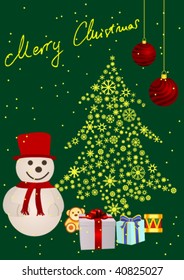 Abstract winter background with snowman and a Christmas tree