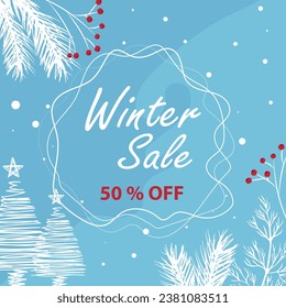 Abstract winter background for social media stories. Colorful winter banner with fir branches, snow-covered trees. Winter scenes. For an invitation to an event, a discount coupon.