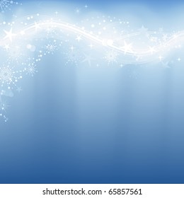 Abstract winter background with stars, snow flakes and grunge elements in shades of pale blue.