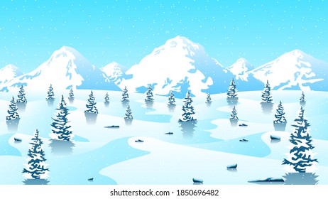Abstract Winter Background With Trees Forest Mountains Snowflake Vetor Design Style Nature Landscape