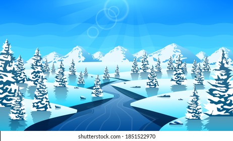 Abstract Winter Background With Trees Forest Mountains Snowflake Vetor River Design Style Nature Landscape