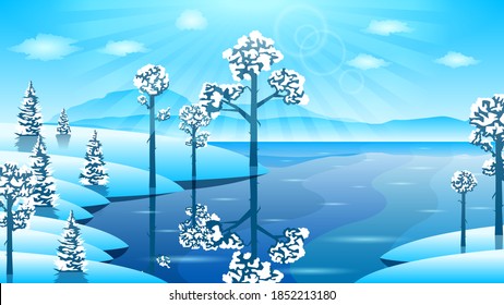 Abstract Winter Background With Trees Forest Mountains Snowflake Vetor River Design Style Nature Landscape