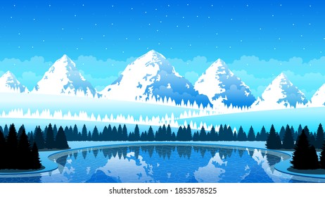 Abstract Winter Background With Trees Forest Mountains Snowflake Vetor Lake Design Style Nature Landscape