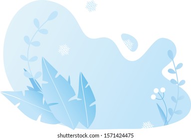 Abstract winter background. Vector art outdoor design. Christmas card winter landscape with snowflakes, plant and flowers on isolated gradient background. Illustration for cards, banners, invitations