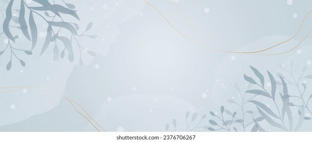 Abstract winter background vector design with watercolor texture and golden line. Snowy vector art, on a blue background, with hazy botanical elements. Cover, wallpaper, wall art, winter design.	