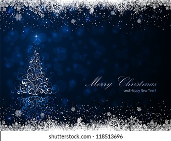 Abstract winter blue background with Christmas tree and snowflakes, illustration.