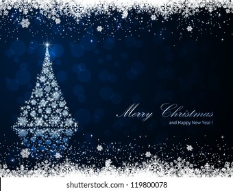 Abstract winter blue background with Christmas tree and snowflakes, illustration.