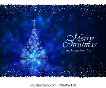 Abstract winter blue background with Christmas tree from snowflakes, illustration. 