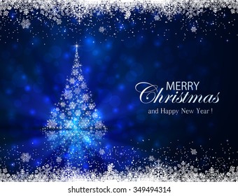 Abstract winter blue background with frame and Christmas tree from snowflakes, illustration. 