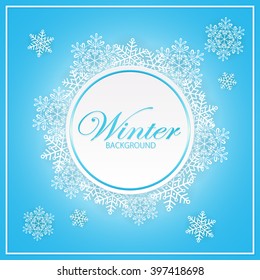 Abstract winter blue background with snowflakes, illustration.