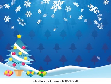 Abstract winter blue background, with stars, snowflakes and Christmas tree, illustration