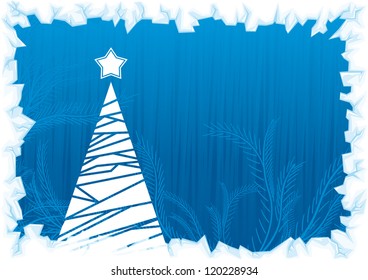 Abstract winter blue background, with stars, snowflakes and Christmas tree