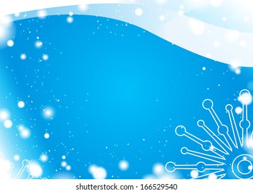 Fundo azul de inverno abstrato, com estrelas, flocos de neve e cantos arredondados