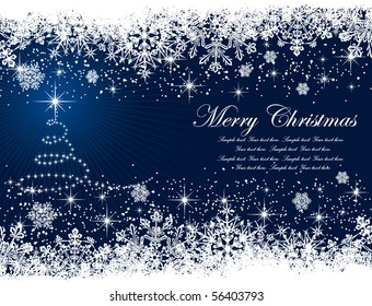 Abstract winter blue background, with stars, snowflakes and Christmas tree, illustration