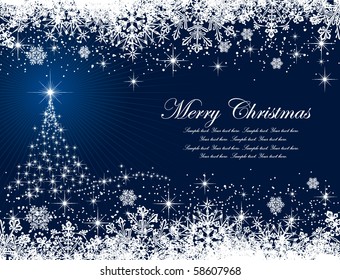 Abstract winter blue background, with stars, snowflakes and Christmas tree, illustration