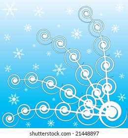 Abstract winter blue background with white ornament and snowflakes.