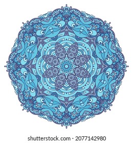 Abstract Winter Blue doodle geometric arabesque mandala. Winter snowflake style medallion rosette.