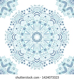 Abstract Winter Blue ethnic geometric mandala pattern. Cute floral frame in folk art style
