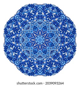 Abstrakter Winter Blau ethnische geometrische Mandala. Schneeflocke in Volkskunst-Medaillon