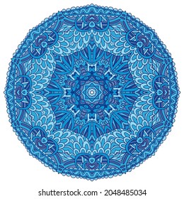 Abstract Winter Blue ethnic geometric mandala. Round Snowflake medallion arabesque
