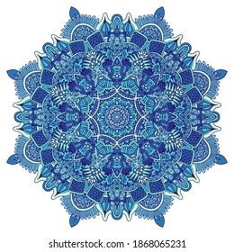 Abstract Winter Blue geometric arabesque mandala. Cute Snowflake in folk art style. Arabesque medallion