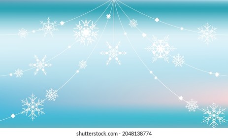 Abstract winter blue and turquoise horizontal background for design. Snowflake threads and snow curtains on smooth satin vector gradient. With pink highlights
