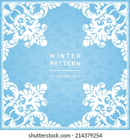 Abstract winter border with place for text. Ornament frame in Victorian style. Element for design. Ornamental lace pattern for invitations and greeting cards. Traditional floral decor.