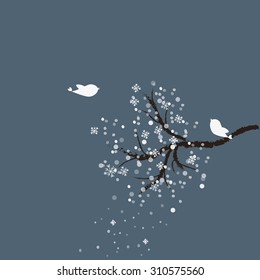 Abstract winter branch, template for Christmas card, twilight background with white birds