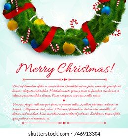 Abstract winter celebrating poster with green wreath greeting text and colorful decorations on light background vector illustration