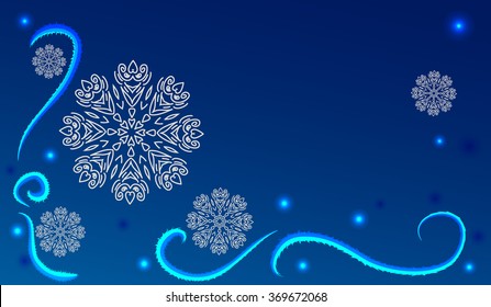 Abstract winter dark blue background with white snowflakes and frost patterns