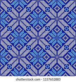 Abstract winter decor on blue background. Seamless vector pattern with geometric ornaments of  dots.