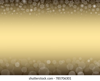 Abstract winter decorative gold background with snowflakes and bokeh lights. Vector Illustration.